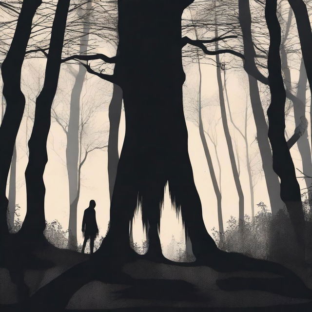 A creepy Hidebehind, a mythical creature known for its skinny and hairy appearance, hiding behind trees in a dense forest