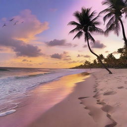 A high-definition image of a peaceful beach at sunset