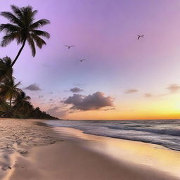 A high-definition image of a peaceful beach at sunset