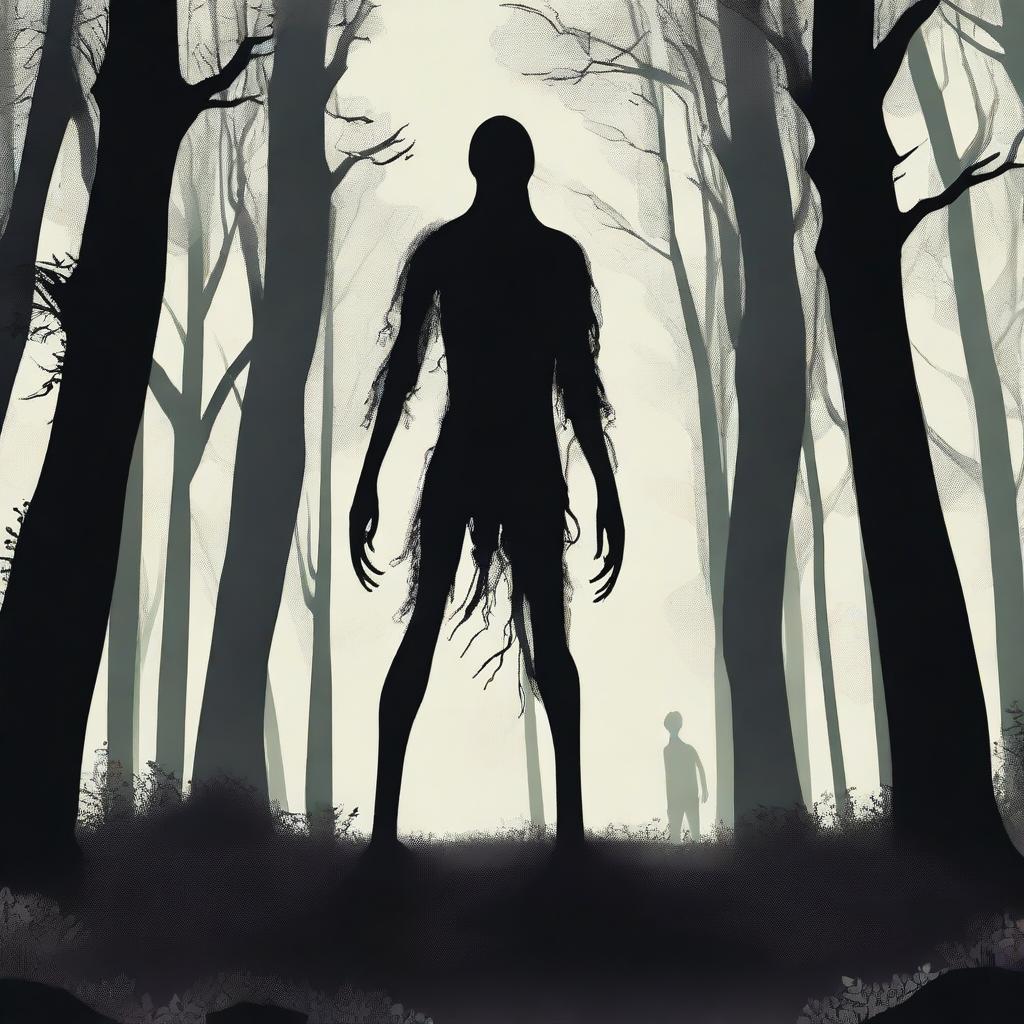 A creepy Hidebehind, a mythical creature known for its skinny and hairy appearance, hiding behind trees in a dense forest