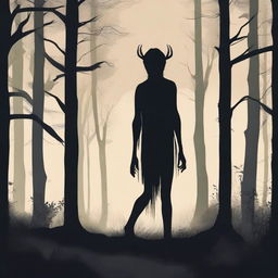 A creepy Hidebehind, a mythical creature known for its skinny and hairy appearance, hiding behind trees in a dense forest