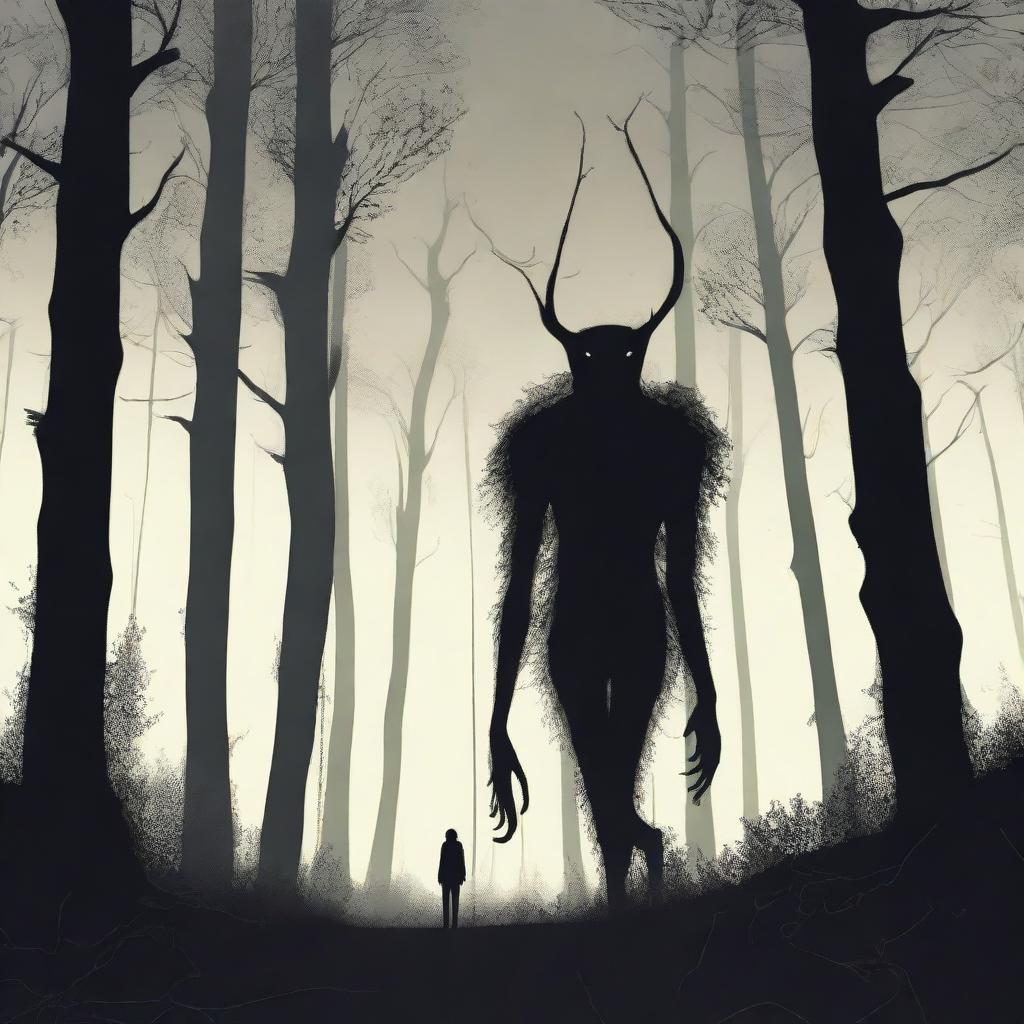 A creepy Hidebehind, a mythical creature known for its skinny and hairy appearance, hiding behind trees in a dense forest