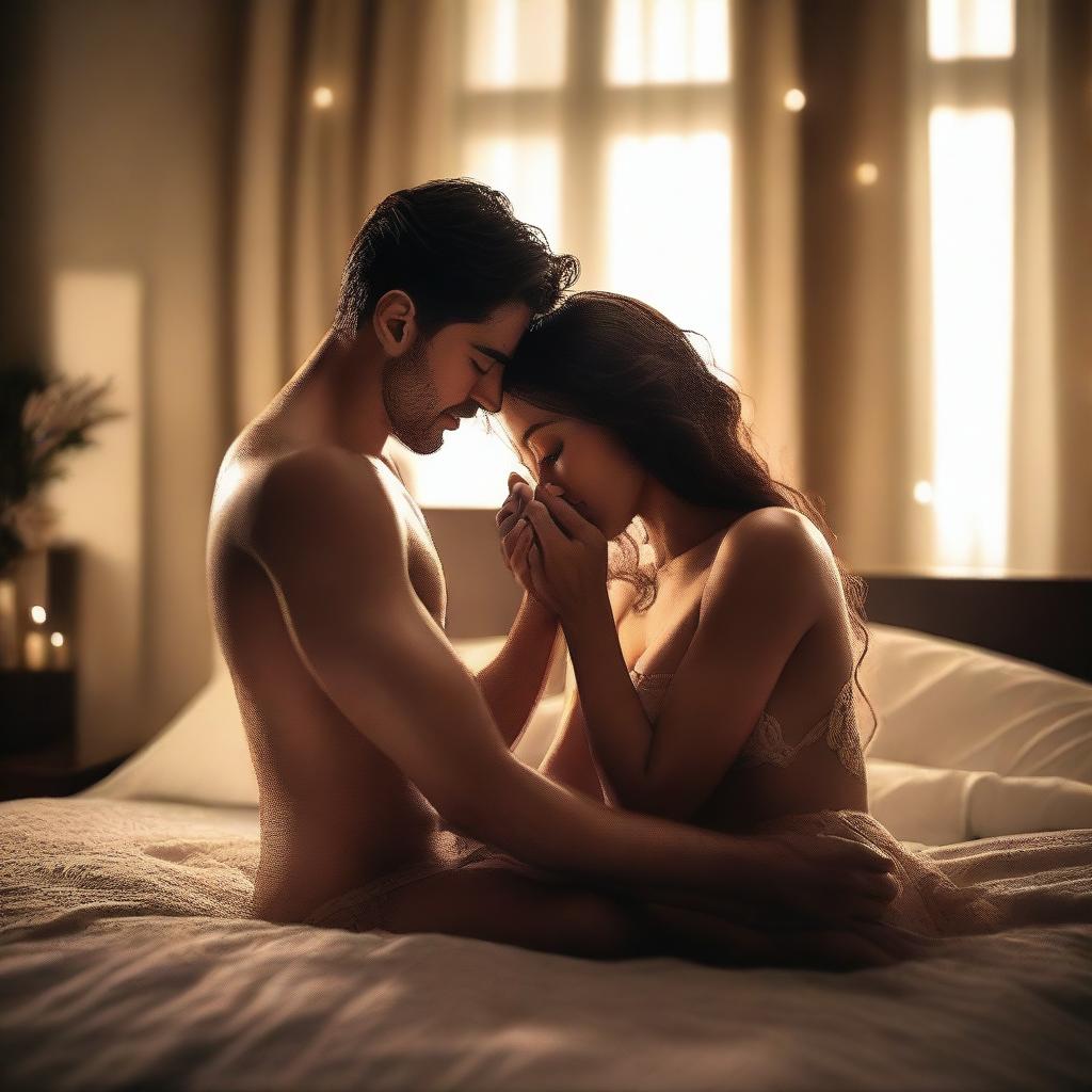 A sensual scene featuring a couple in an intimate embrace, with soft lighting and a romantic atmosphere