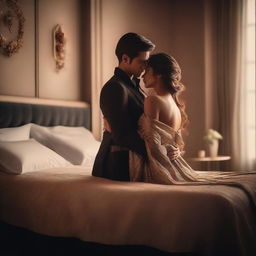 A sensual scene featuring a couple in an intimate embrace, with soft lighting and a romantic atmosphere