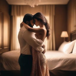 A sensual scene featuring a couple in an intimate embrace, with soft lighting and a romantic atmosphere