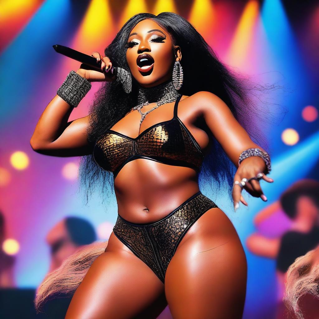 Create a detailed and vibrant image of Megan Thee Stallion, capturing her energetic stage presence and stylish fashion