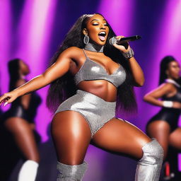 Create a detailed and vibrant image of Megan Thee Stallion, capturing her energetic stage presence and stylish fashion