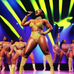 Create a detailed and vibrant image of Megan Thee Stallion, capturing her energetic stage presence and stylish fashion