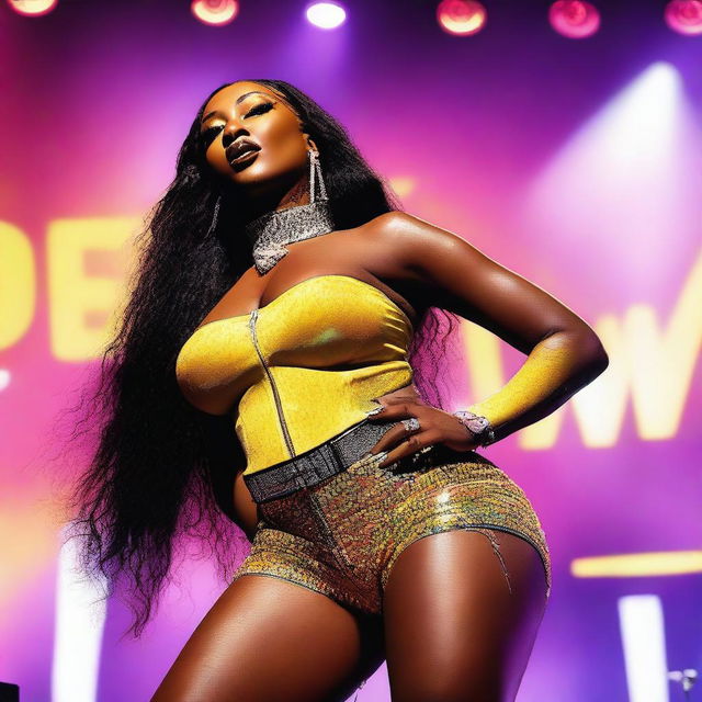 Create a detailed and vibrant image of Megan Thee Stallion, capturing her energetic stage presence and stylish fashion