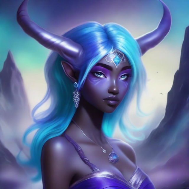 A female character with dark purple skin, bright blue hair, and silver eyes