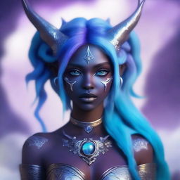 A female character with dark purple skin, bright blue hair, and silver eyes