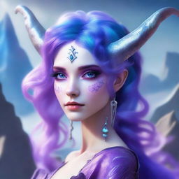 A female character with bright purple skin, bright blue hair, and silver eyes