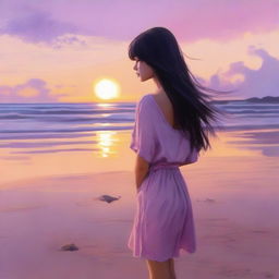 A serene scene of a girl with bangs and long black hair standing on a beach during sunset