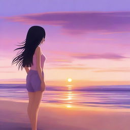 A serene scene of a girl with bangs and long black hair standing on a beach during sunset