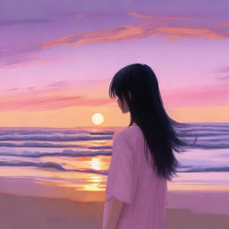 A serene scene of a girl with bangs and long black hair standing on a beach during sunset