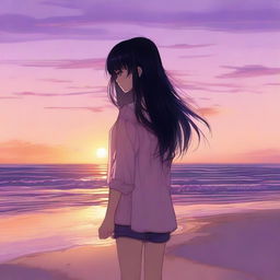 A serene scene of a girl with bangs and long black hair standing on a beach during sunset