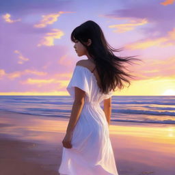 A serene scene of a girl with bangs and long black hair wearing a white dress, standing on a beach during sunset