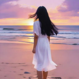 A serene scene of a girl with bangs and long black hair wearing a white dress, standing on a beach during sunset