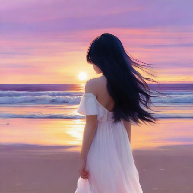 A serene scene of a girl with bangs and long black hair wearing a white dress, standing on a beach during sunset