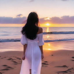 A serene scene of a girl with bangs and long black hair wearing a white dress, standing on a beach during sunset