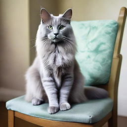 Create an image of an 8-legged Nebelung cat sitting gracefully on a chair