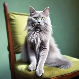 Create an image of an 8-legged Nebelung cat sitting gracefully on a chair