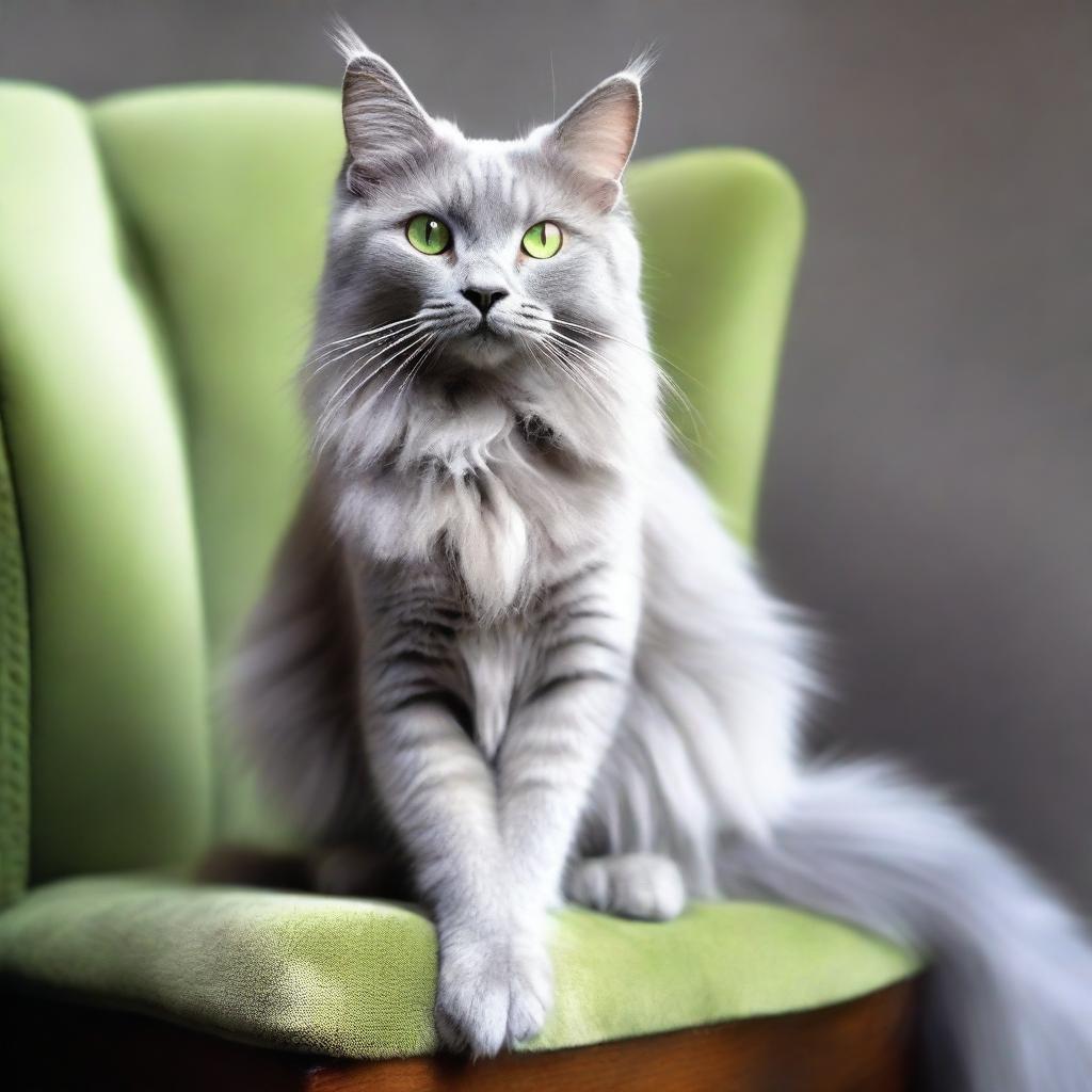 Create an image of an 8-legged Nebelung cat sitting gracefully on a chair