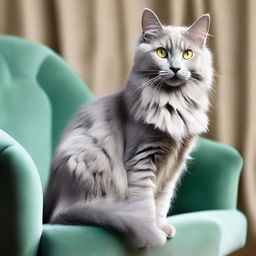 Create an image of an 8-legged Nebelung cat sitting gracefully on a chair