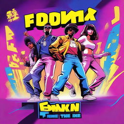 A vibrant and dynamic movie poster for 'Friday Night Funkin: The Movie', featuring the main characters in action poses with a neon-lit urban background