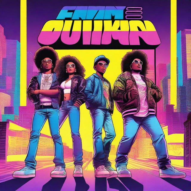 A vibrant and dynamic movie poster for 'Friday Night Funkin: The Movie', featuring the main characters in action poses with a neon-lit urban background