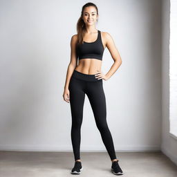 A young woman wearing tight leggings, posing confidently