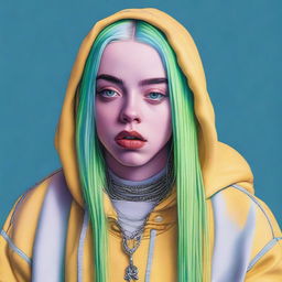 A detailed and realistic portrait of Billie Eilish, capturing her unique style and personality