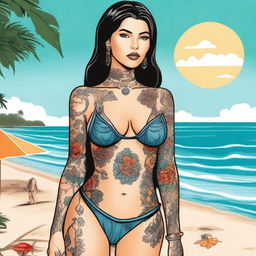 A detailed illustration of Bella Poarch wearing a bikini, showcasing her tattoos and signature style