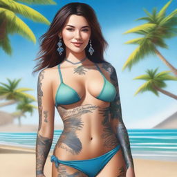 A realistic and detailed image of Bella Poarch wearing a bikini, highlighting her tattoos and signature style