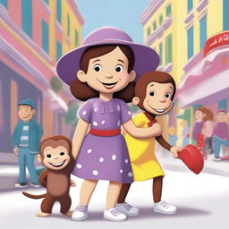 A bright and colorful illustration featuring a little girl named Chloe and a mischievous monkey named Curious George