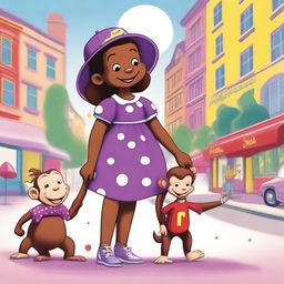 A bright and colorful illustration featuring a little girl named Chloe and a mischievous monkey named Curious George