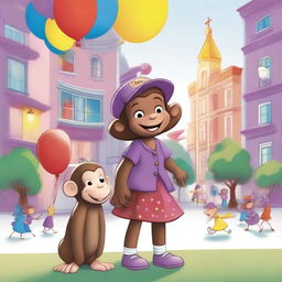 A bright and colorful illustration featuring a little girl named Chloe and a mischievous monkey named Curious George