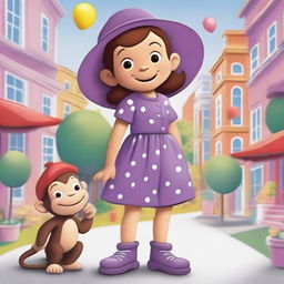 A bright and colorful illustration featuring a little girl named Chloe and a mischievous monkey named Curious George