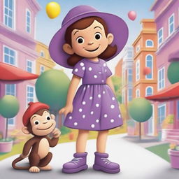 A bright and colorful illustration featuring a little girl named Chloe and a mischievous monkey named Curious George