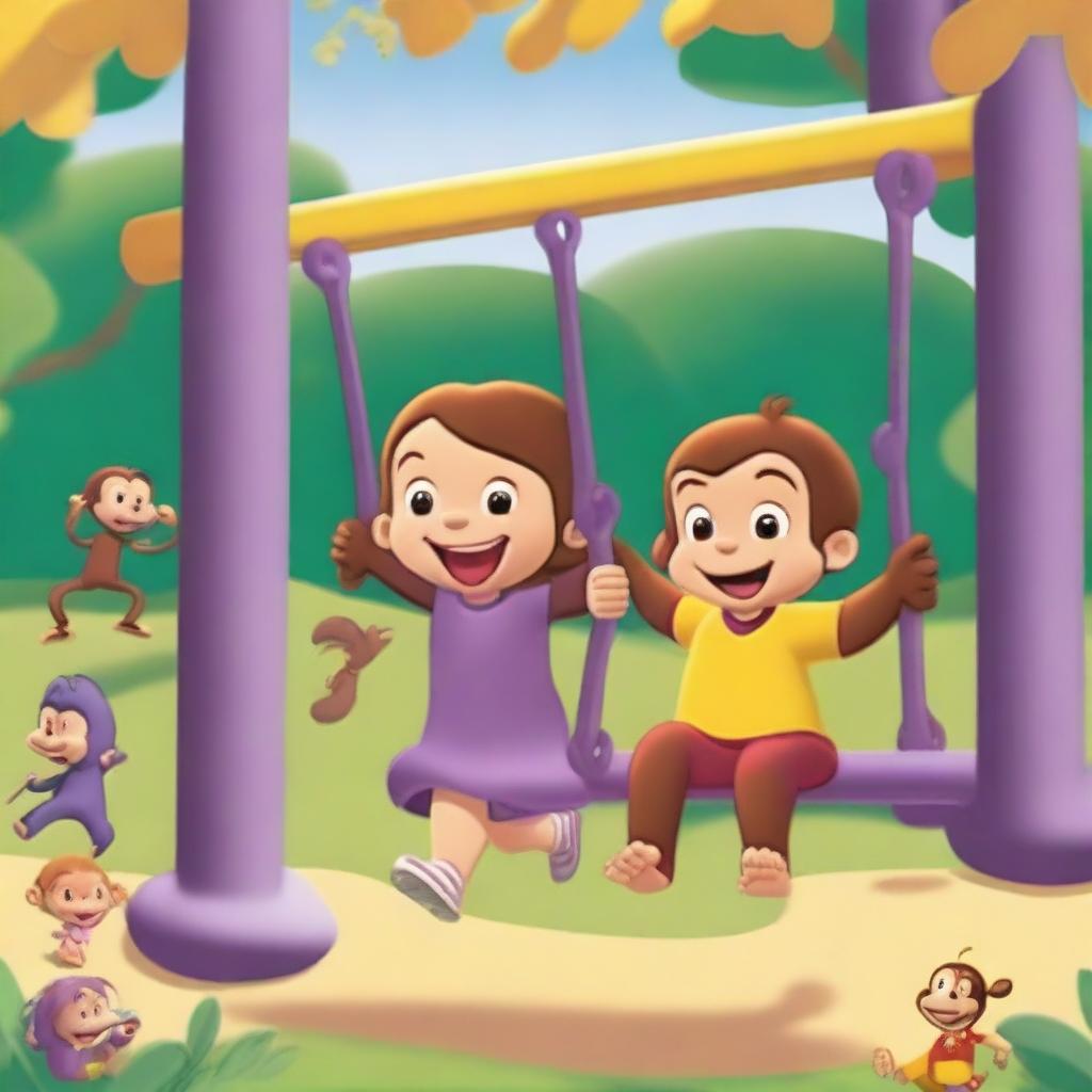 Chloe and Curious George are playing in a vibrant park with swings, a jungle gym, and other playground equipment