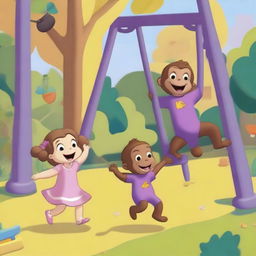 Chloe and Curious George are playing in a vibrant park with swings, a jungle gym, and other playground equipment