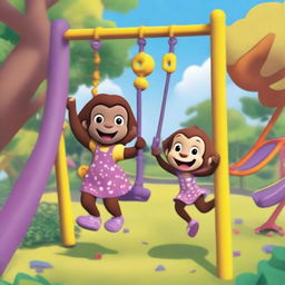 Chloe and Curious George are playing in a vibrant park with swings, a jungle gym, and other playground equipment