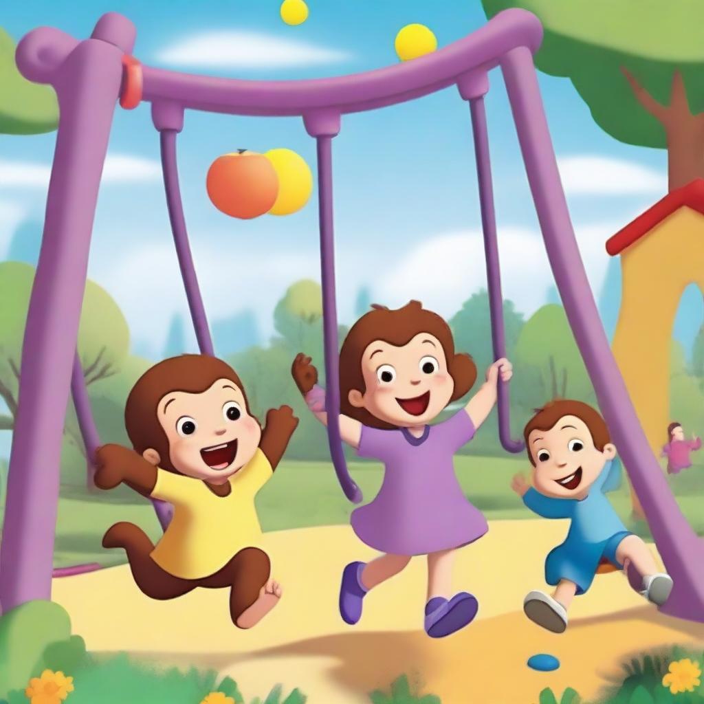 Chloe and Curious George are playing in a vibrant park with swings, a jungle gym, and other playground equipment