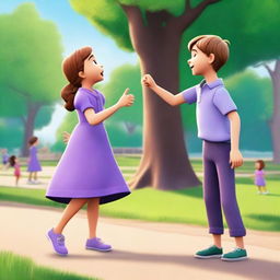 Chloe and George are excitedly talking to each other in the park