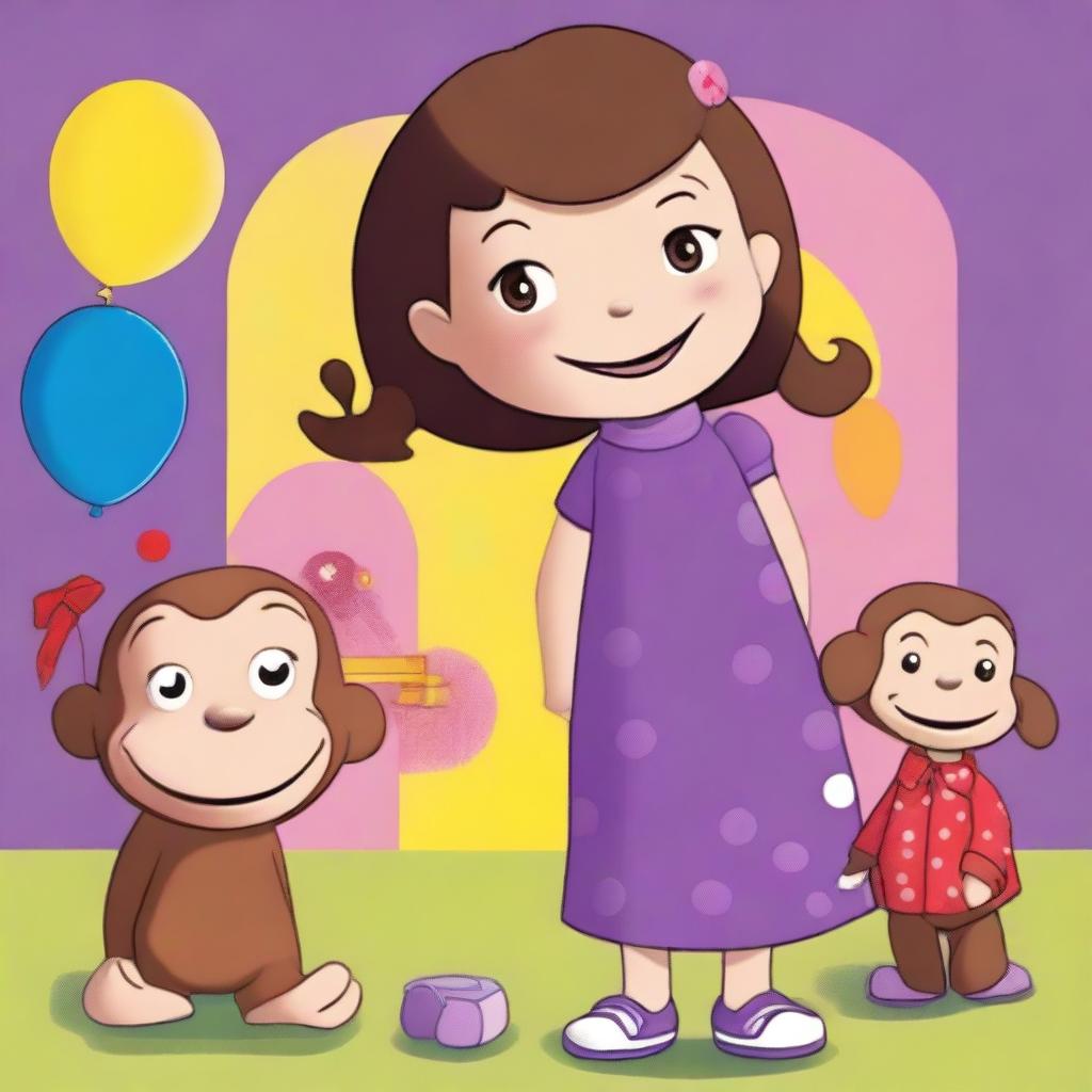 A bright and colorful illustration featuring Chloe and Curious George