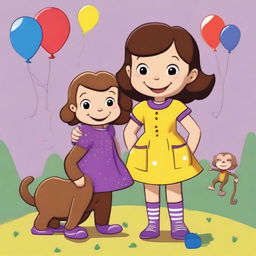 A bright and colorful illustration featuring Chloe and Curious George