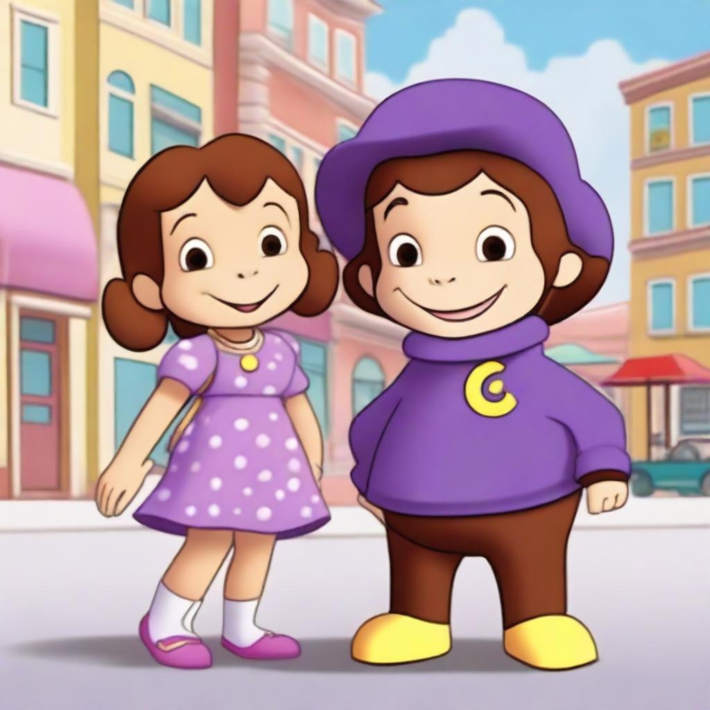 Chloe and Curious George are standing together, ready for an adventure