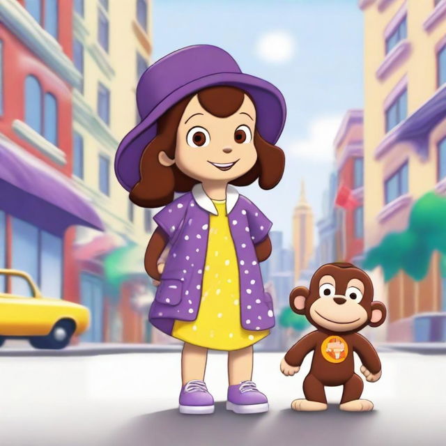 Chloe and Curious George are standing together, ready for an adventure