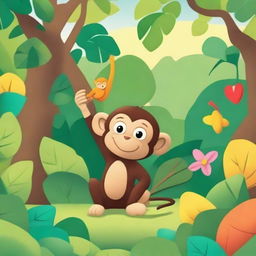 A playful and curious monkey named George exploring a colorful jungle, interacting with various animals and plants