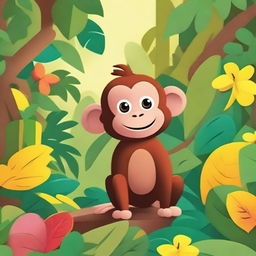 A playful and curious monkey named George exploring a colorful jungle, interacting with various animals and plants